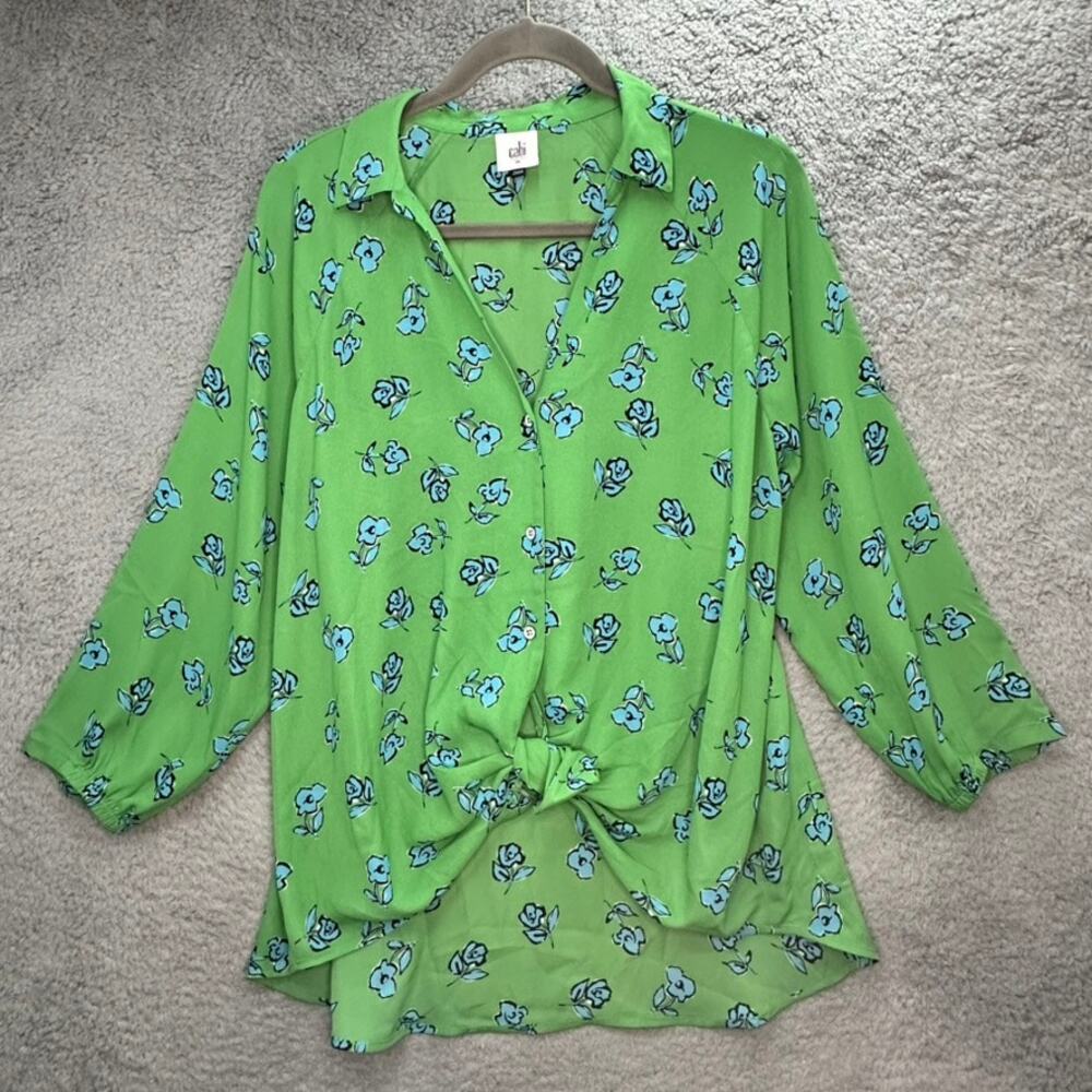 Cabi Women's Medium Green Blue Flowers Button Up Blouse Front Tie Flowy Feminine
